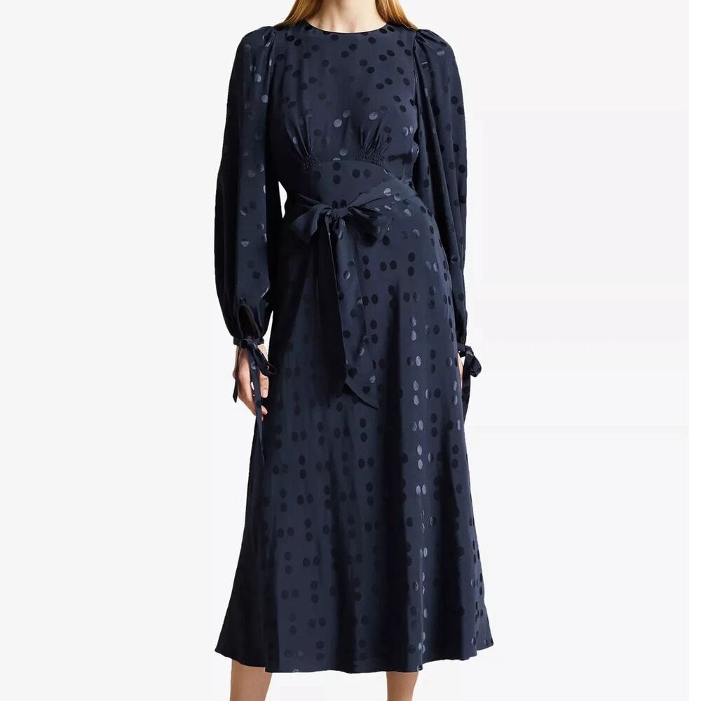 Ted Baker Polka Dot Jacquard Maxi Dress Size 3 (8) Blue Belted Elegant Occasion